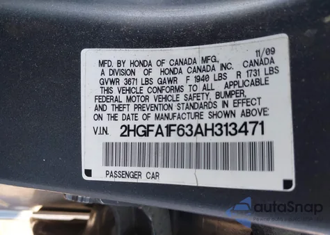 2010 Honda Civic Lx-S из США, поврежденный, VIN 2HGFA1F63AH313471